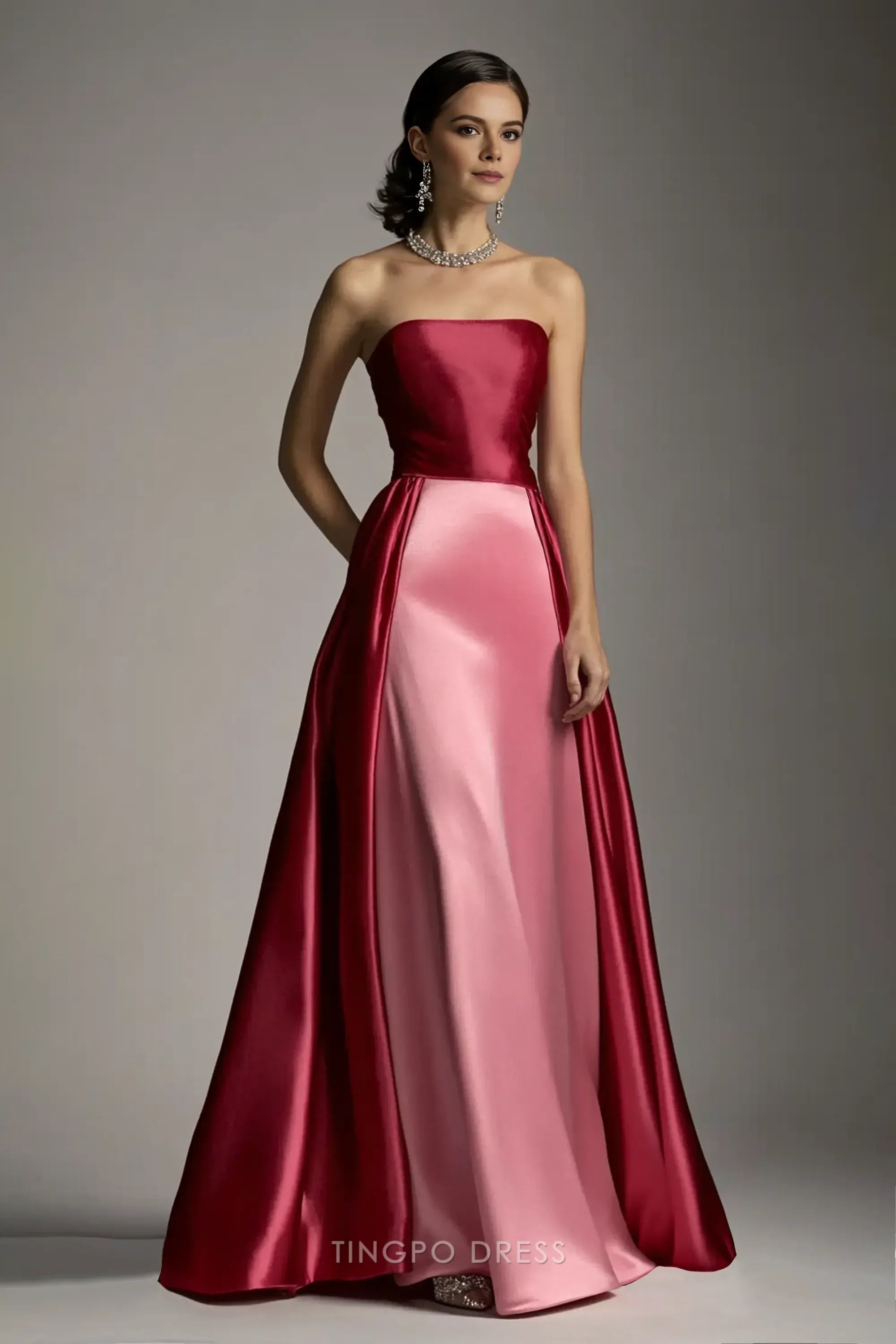 Elegant Strapless Two-Tone Satin A-Line Floor-Length Maxi Dress Prom Dress